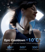 Load image into Gallery viewer, Woman wearing the Torras Coolify Cyber Smart on her neck with blue graphics displaying its windflow and information on its cooling abilities