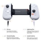 Load image into Gallery viewer, Backbone One lightning PlayStation edition with a headphone jack and lightning port, accompanied by information describing each feature