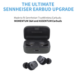 Load image into Gallery viewer, Comply Foam TW-400-C NEW TrueGrip™ Premium Ear Tips fitted on Sennheiser earbuds with information on its compatability