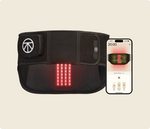 Load image into Gallery viewer, Therabody ThermBack LED accompanied with a phone displaying the controls of the device on the Therabody app