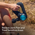 Load image into Gallery viewer, Woman using Therabody Theragun Pro Plus to deliver percussive massage and red light therapy to her leg accompanied by information on the benefits of using vibration therapy on a massage gun