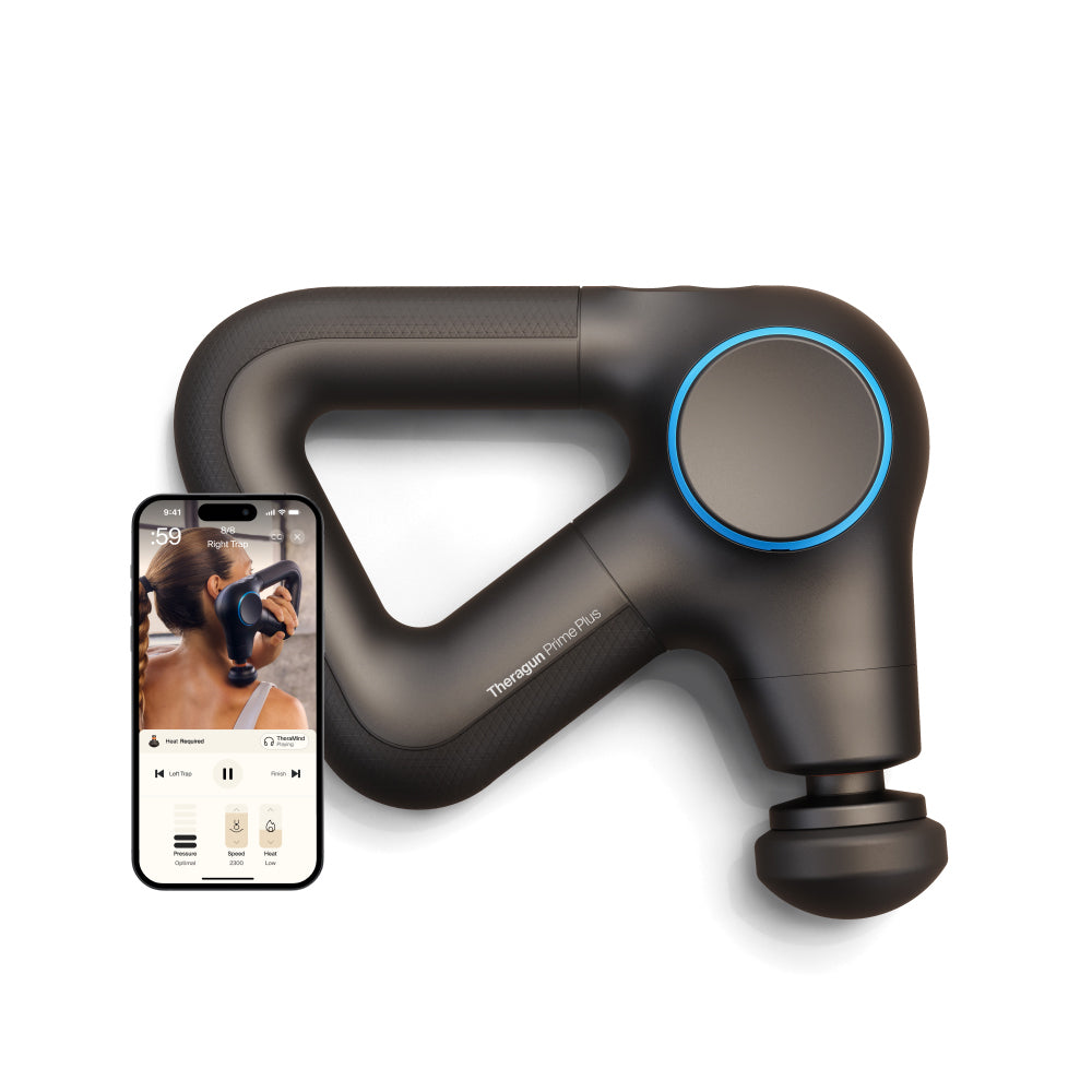Therabody Theragun Prime Plus with a phone displaying the Coach by Therabody app