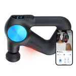 Load image into Gallery viewer, TherabodyTheragun Pro Plus accompanied by a phone displaying the control panel for the Therabody Theragun Pro Plus accessible from the Therabody app
