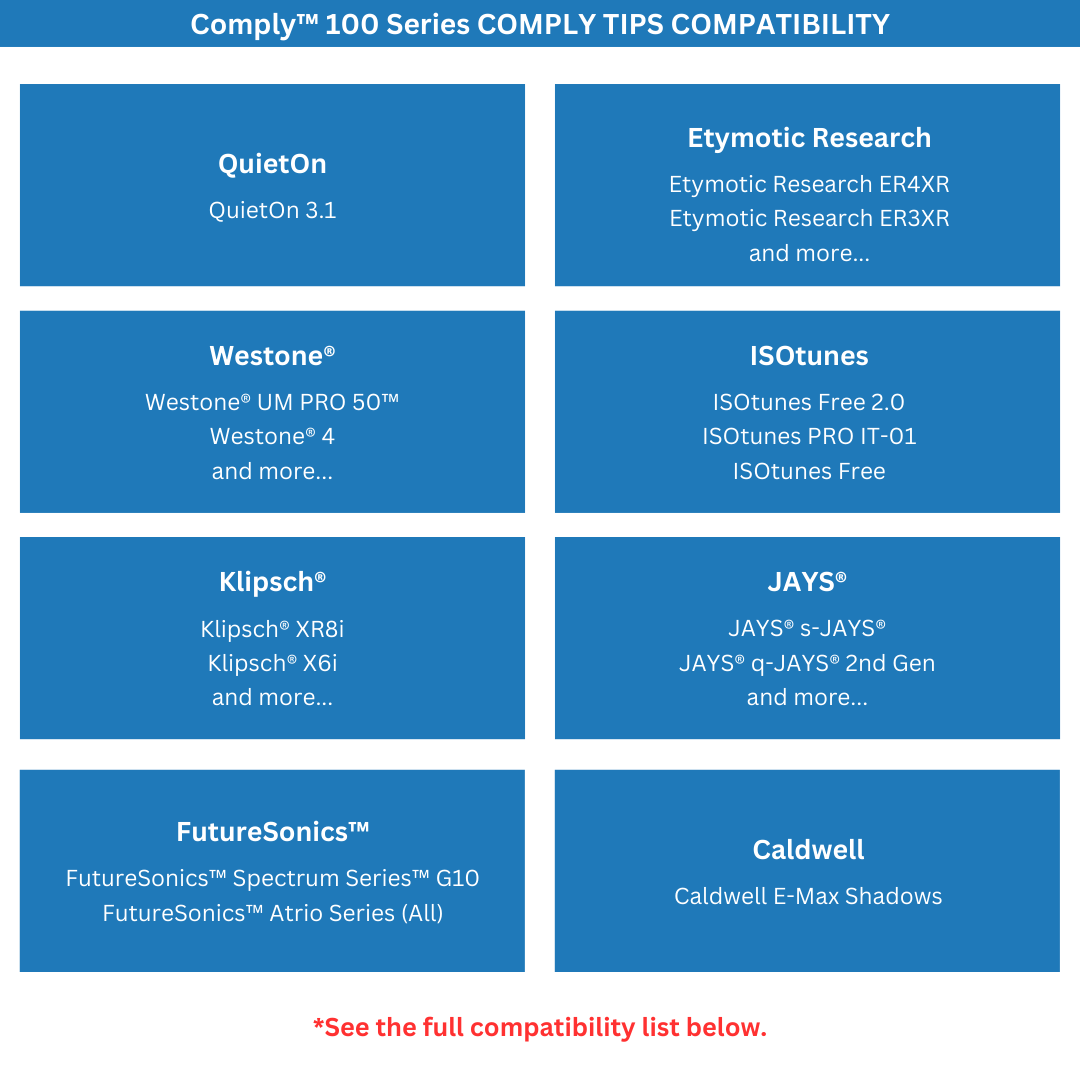list of ear buds compatible with Comply™ 100 Series Foam Replacement Ear Tips