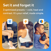 Infographic of people placing Therabody RecoveryTherm Cube on various parts of their body accompanied by information on the different presets available 