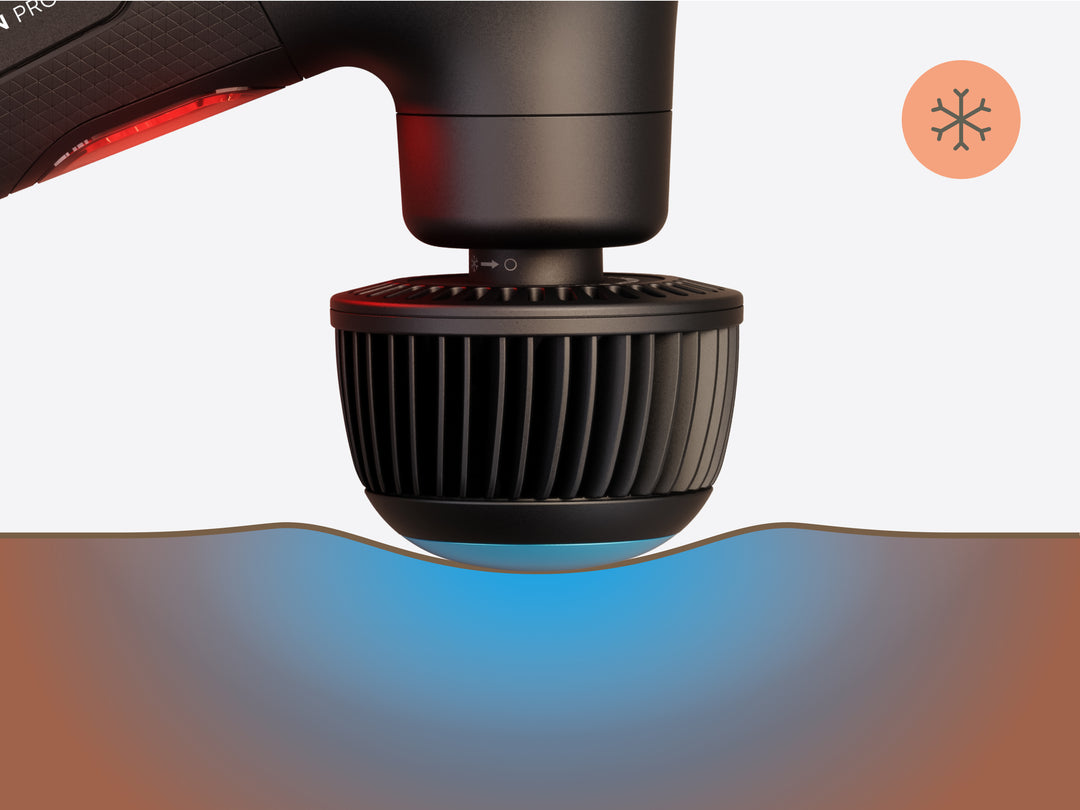 Therabody Theragun Cold attachment fitted on the Therabody Theragun Pro Plus, against a flat surface with blue infographic displaying the coldness