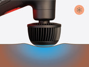 Therabody Theragun Cold attachment fitted on the Therabody Theragun Pro Plus, against a flat surface with blue infographic displaying the coldness