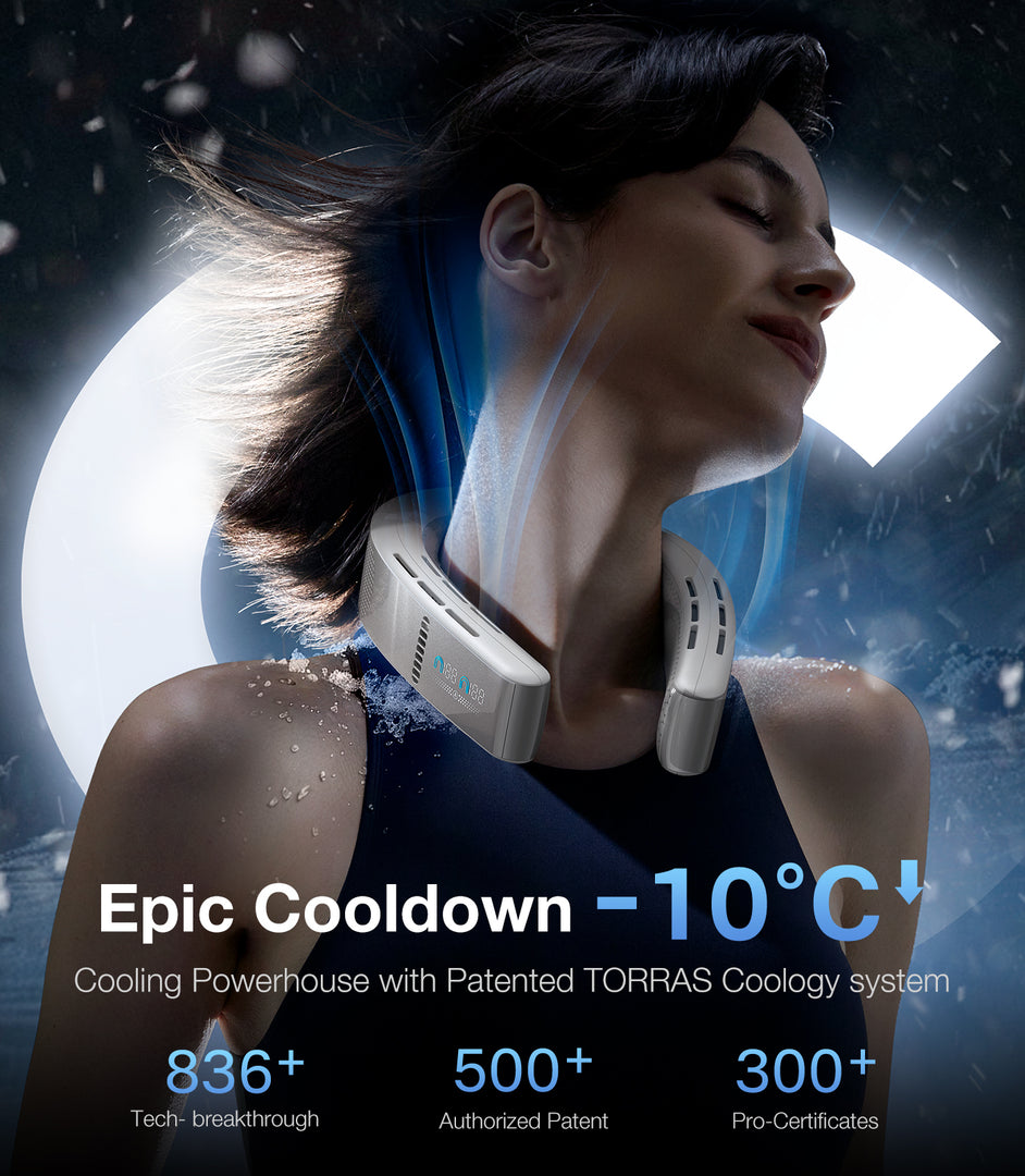 Woman wearing the Torras Coolify Cyber Smart on her neck with blue graphics displaying its windflow and information on its cooling abilities