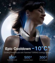 Woman wearing the Torras Coolify Cyber Smart on her neck with blue graphics displaying its windflow and information on its cooling abilities
