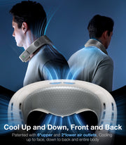 Torras Coolify Cyber Smart with blue graphics displaying wind flow in the foreground and two men wearing the Torras Coolify Cyber Smart in the background