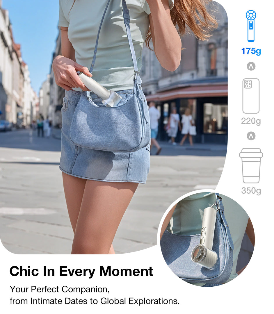 Woman placing white Coolify Iva in her handbag and an image of it hanging from a handbag with additional graphics displaying its weight