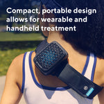 Load image into Gallery viewer, Woman with Therabody RecoveryTherm Cube strapped to her back accompanied by information on its portability