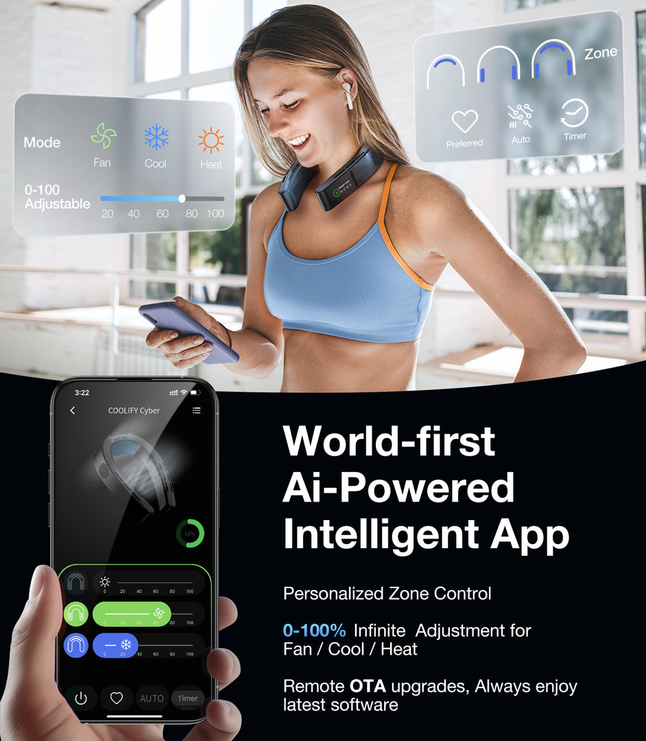 woman using the Torras Coolify Cyber Smart while being on her phone accessing the SmartAPP followed by a close up on a page of the SmartApp and information on the app