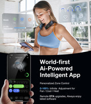 woman using the Torras Coolify Cyber Smart while being on her phone accessing the SmartAPP followed by a close up on a page of the SmartApp and information on the app