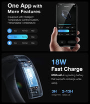 A phone opened to the Coolify app displaying the fan controls and the interior of the Torras Coolify 3 displaying its battery abilities