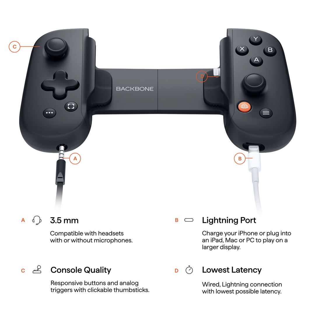 Backbone One lightning with a headphone jack and lightning port, accompanied by information describing each feature