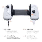 Backbone One USB-C 2nd edition PlayStation edition with a headphone jack and USB-C port, accompanied by information describing each feature