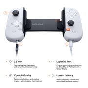 Backbone One lightning PlayStation edition with a headphone jack and lightning port, accompanied by information describing each feature