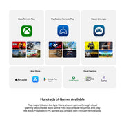 Graphic displaying Backbone One lightning PlayStation edition's compatibility to various games, Xbox Remote Play, PlayStation Remote Play, Steam Link App, App Store and cloud gaming