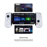 Load image into Gallery viewer, Backbone One USB-C 2nd generation PlayStation edition fitted with a phone open to the home page of the Backbone app and two other images of the Backbone app homepage