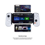 Load image into Gallery viewer, Backbone One lightning PlayStation edition fitted with a phone open to the home page of the Backbone app and two other images of the Backbone app homepage