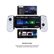 Backbone One lightning PlayStation edition fitted with a phone open to the home page of the Backbone app and two other images of the Backbone app homepage