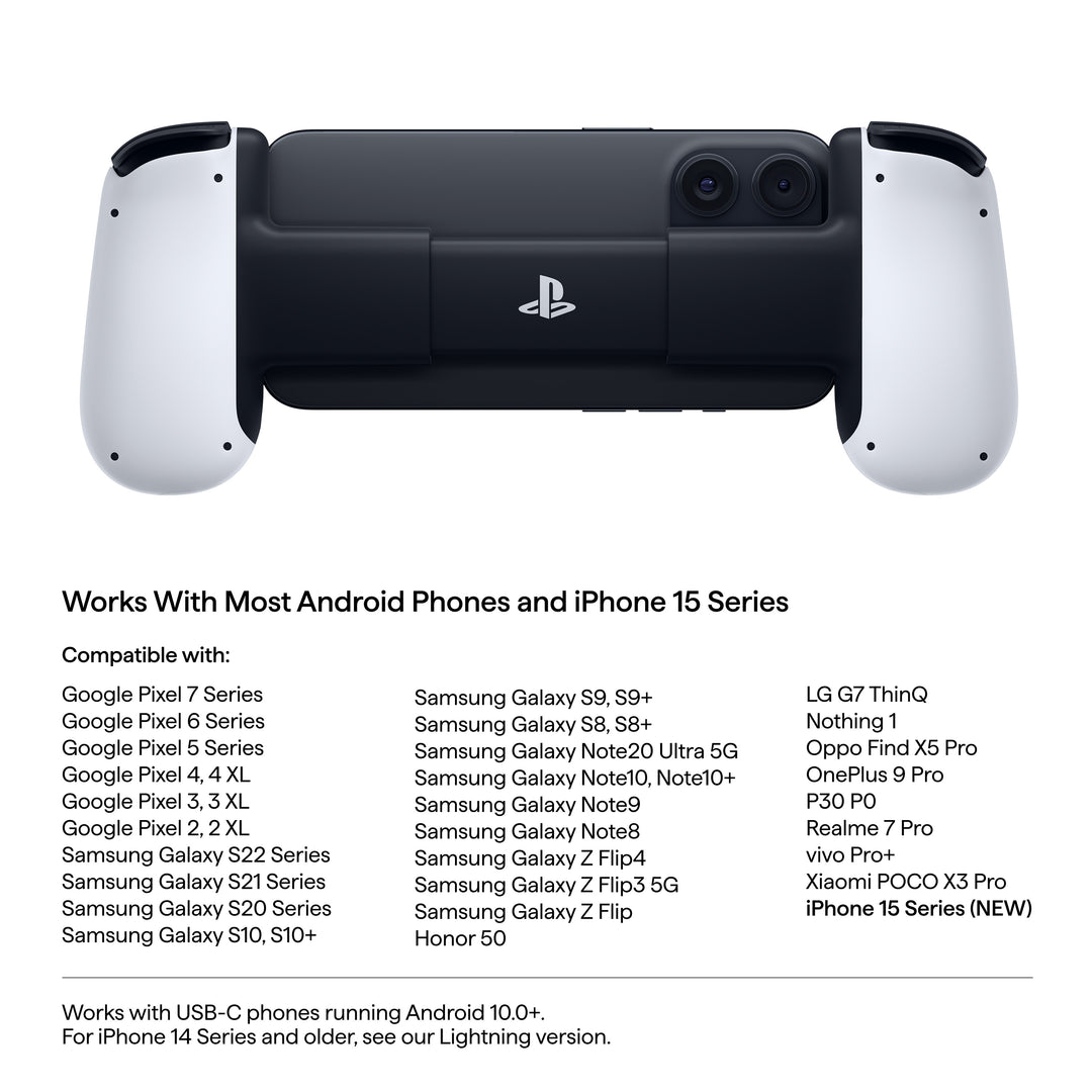 Back view of Backbone One USB-C 2nd generation PlayStation edition, accompanied by phones it is compatible with