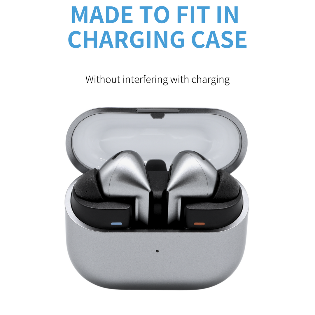 Samsung Galaxy Buds3 Pro fitted with TrueGrip Premium Memory Foam earbud tips in earbuds casing