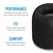 close up ofComply™ TZ-600 Series Foam Replacement Ear Tips with only half of the ear tip visible, accompanied by its benefits 