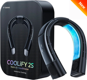 TORRAS Coolify 2S smart wearable air conditioner packaging and the device with blue graphic displaying its cooling abilities