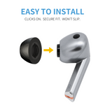 Load image into Gallery viewer, Side view of TrueGrip Premium Memory Foam earbud tip and Galaxy Buds3 Pro with an arrow in the middle