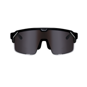 Front view of Chamelo Music Shield black frame and smokey lenses