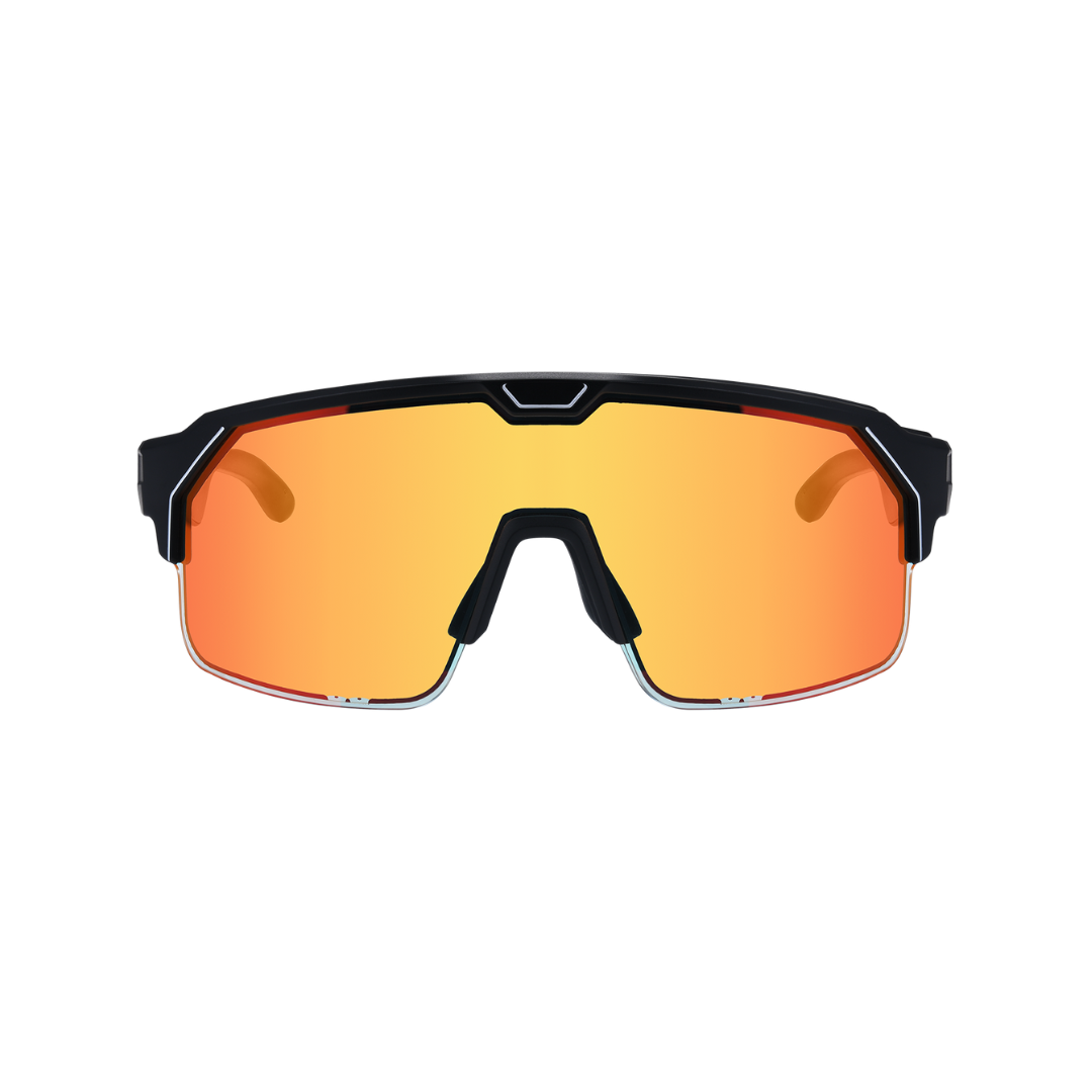 Front view of Chamelo Music Shield black frame and fire lenses