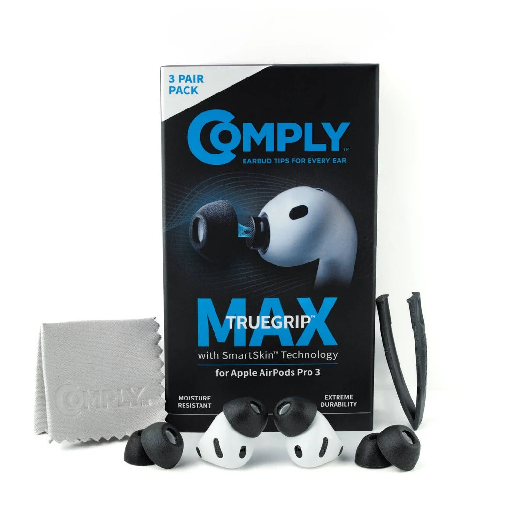 Comply TrueGrip earbud tips packaging with Apple Airpods Pro 3 and a cleaning cloth on a white background