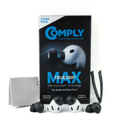 Comply TrueGrip earbud tips packaging with Apple Airpods Pro 3 and a cleaning cloth on a white background