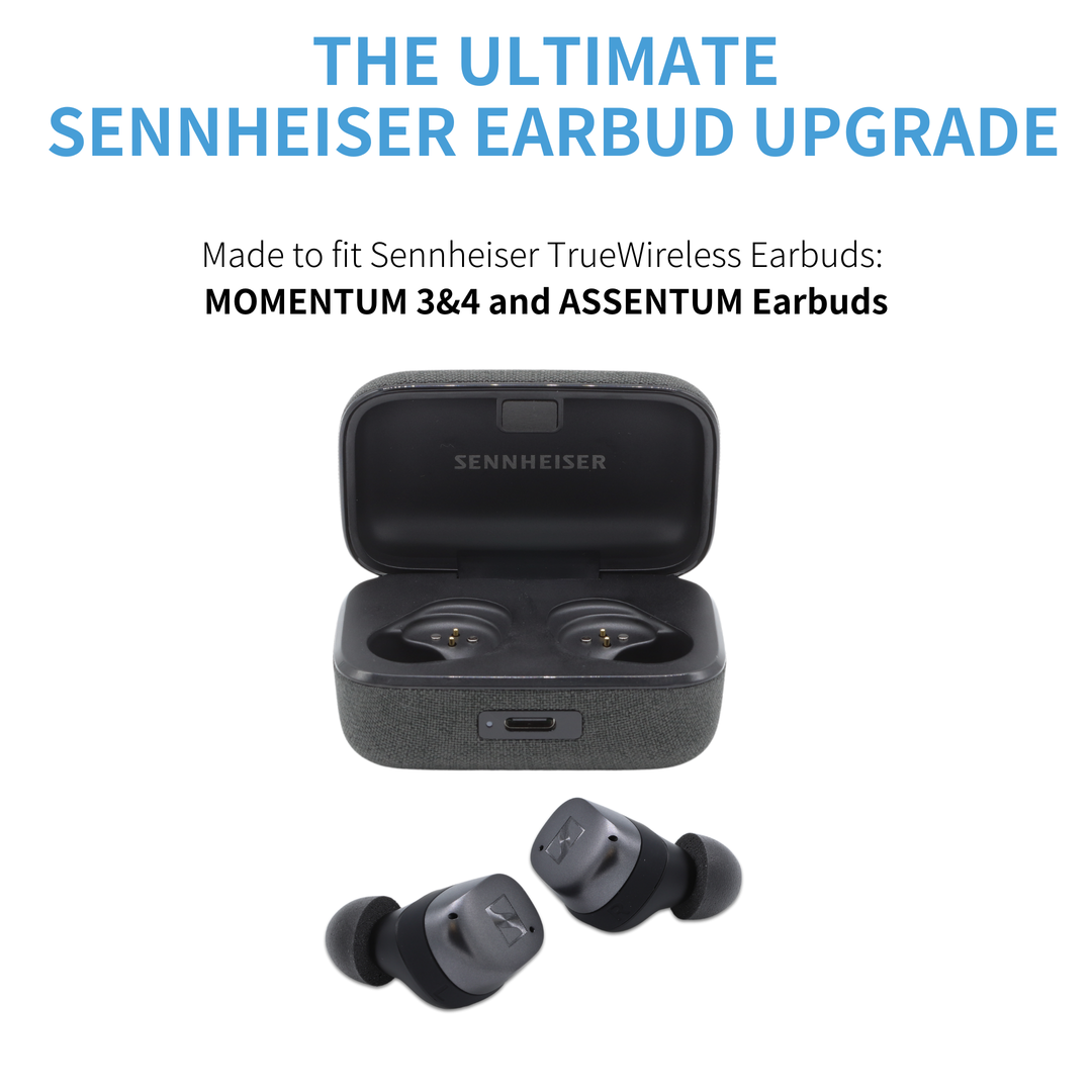 Comply Foam TW-400-C NEW TrueGrip™ Premium Ear Tips fitted on Sennheiser earbuds with information on its compatability