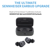 Comply Foam TW-400-C NEW TrueGrip™ Premium Ear Tips fitted on Sennheiser earbuds with information on its compatability