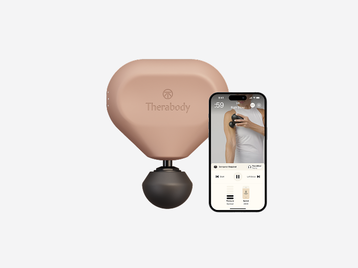 Front view of Therabody Theragun Mini Generation 3 accompanied to a phone displaying the controls for the Theraguun from the Therabody App