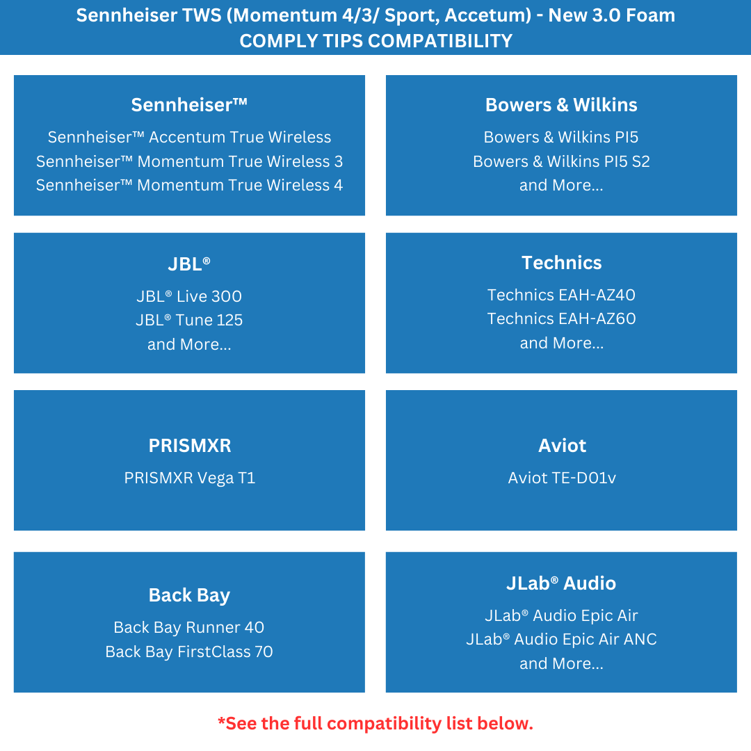 Compatibility list of Comply Foam TW-400-C NEW TrueGrip™ Premium Ear Tips