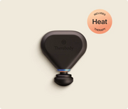 Therabody Theragun Mini Plus with a circle highlighting the availability of heat therapy on the product