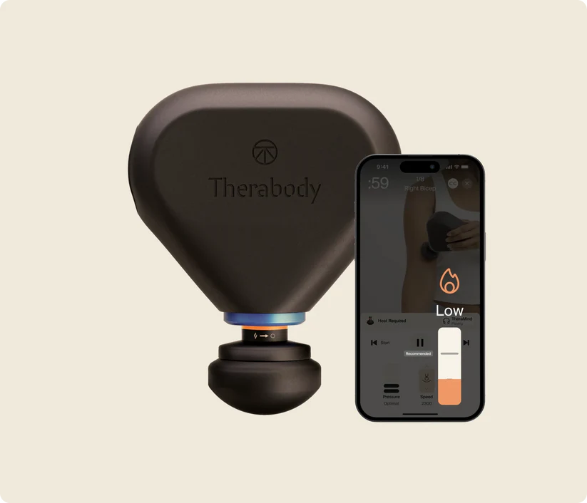 Front view of Therabody Theragun Mini Plus with heat attachment, accompanied by a phone displaying the heat control panel for the massage gun on the Therabody app 