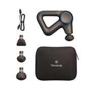 Therabody Theragun Prime Plus, its carry case, charging cable and attachments laid out on a white background