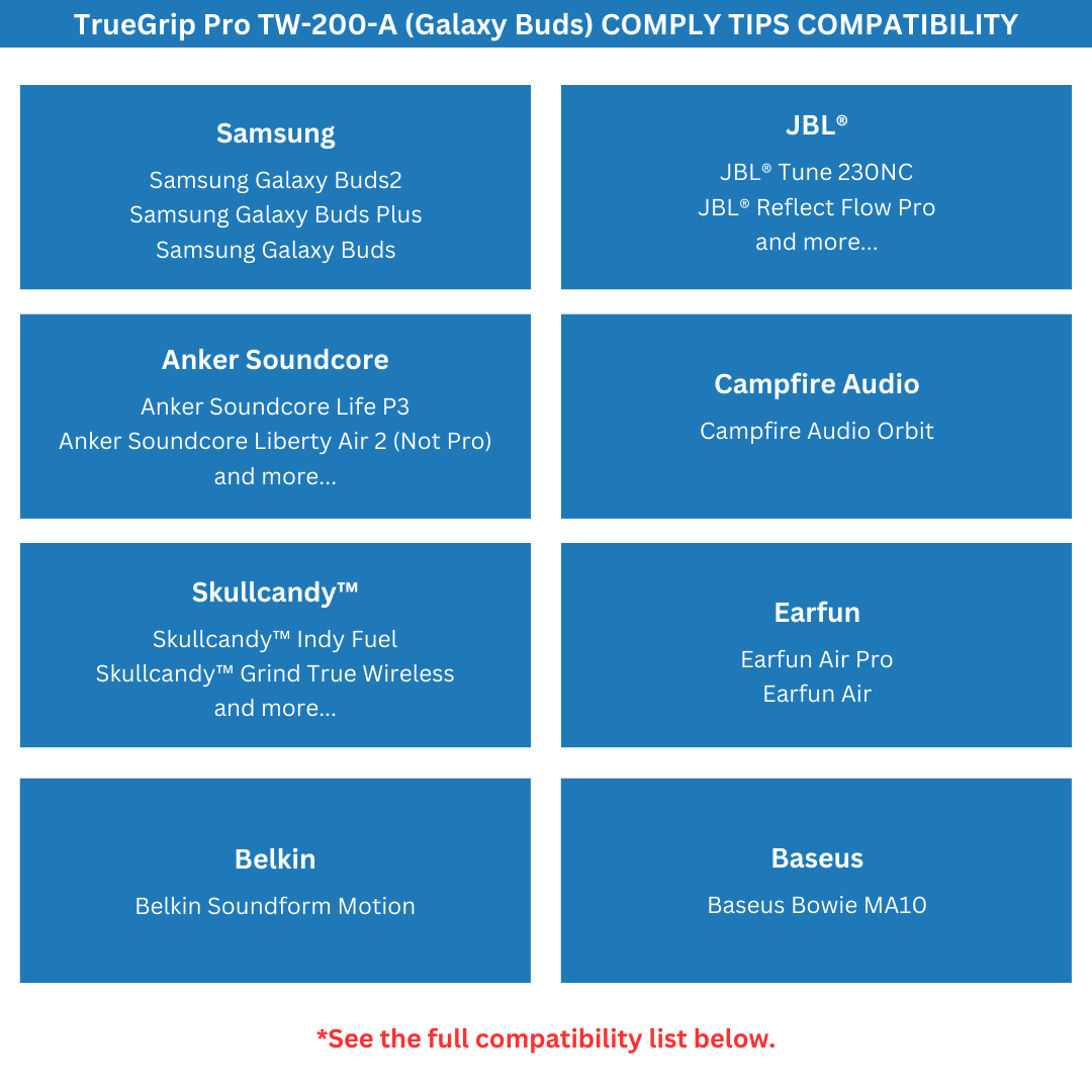 Comply TrueGrip Pro for Galaxy Buds (TW-200-A) compatibility chart