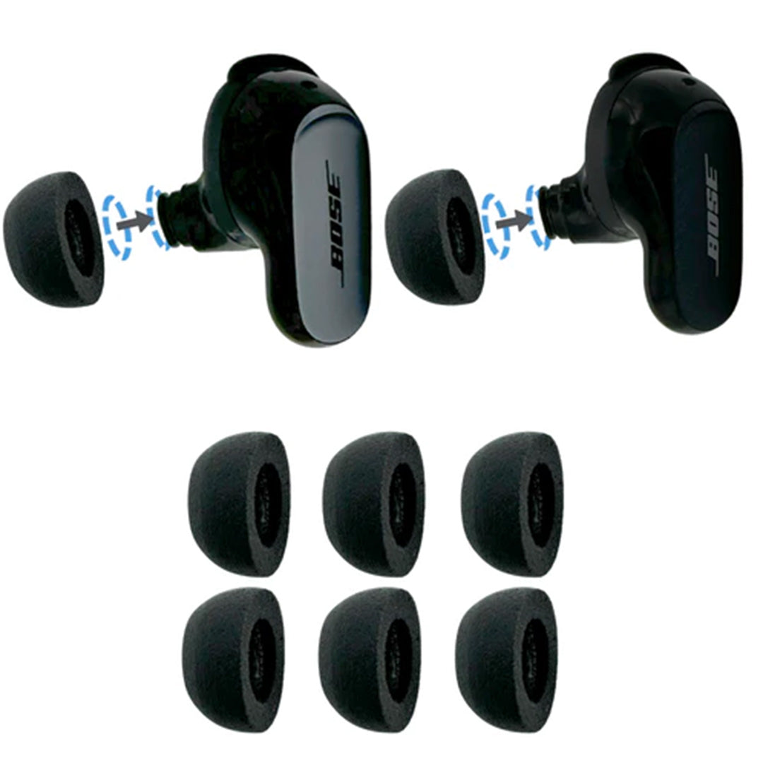 side view of the various Comply™ Foam Ear Tips sizes and a graphic displaying insertion method 