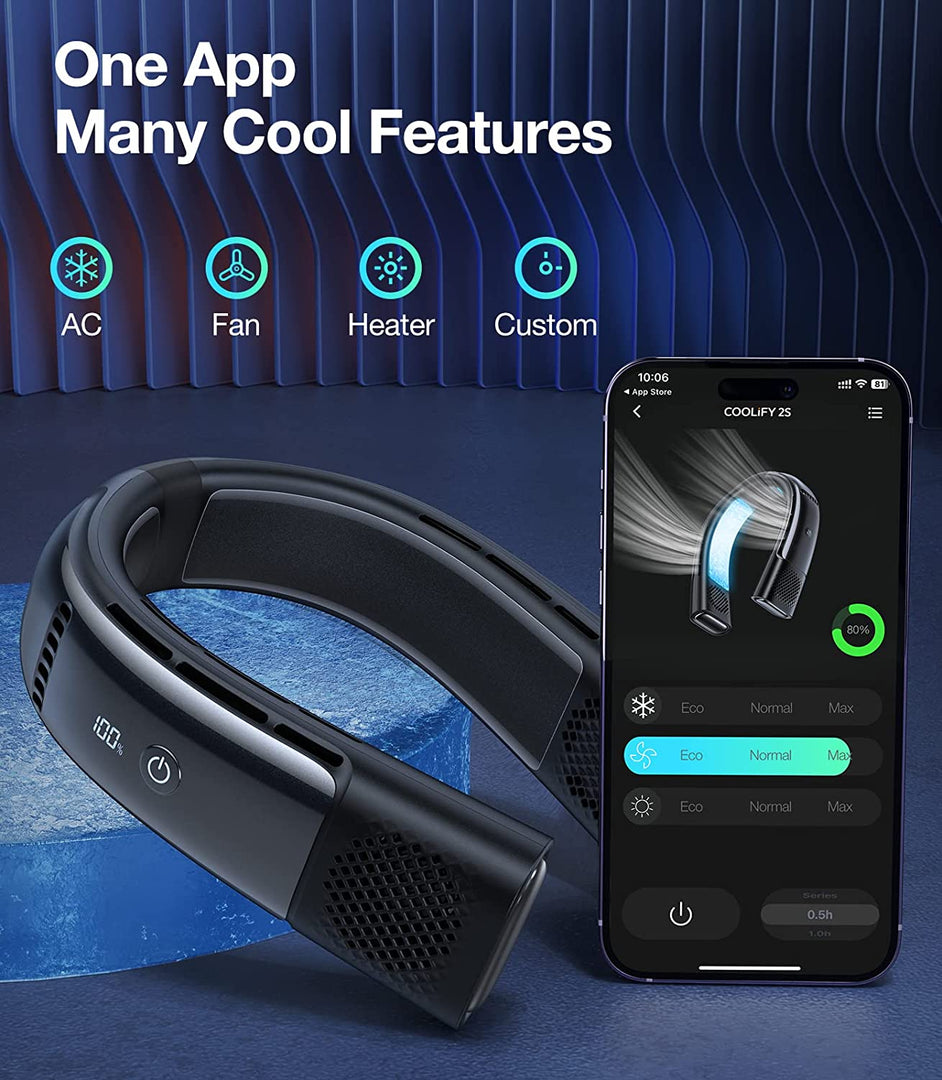 TORRAS Coolify 2S accompanied by a phone displaying the control settings for the neck air conditioner