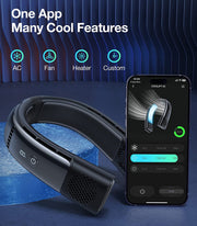 TORRAS Coolify 2S accompanied by a phone displaying the control settings for the neck air conditioner