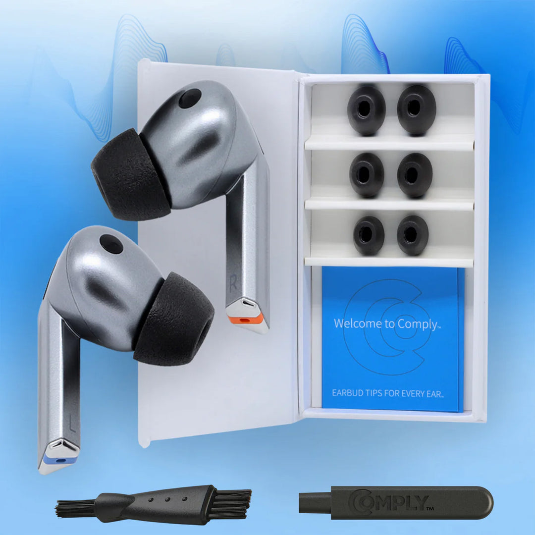 Interior of the TrueGrip Premium Memory Foam packaging alongside its accessories and the Samsung Galaxy Buds3 Pro fitted with TrueGrip Premium Memory Foam earbud tip
