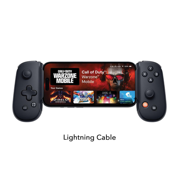 Backbone One lightning, fitted with a phone and accompanied by compatibility information