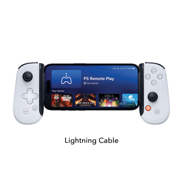 Backbone One lightning PlayStation edition, fitted with a phone and accompanied by compatibility information