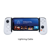 Backbone One lightning PlayStation edition, fitted with a phone and accompanied by compatibility information